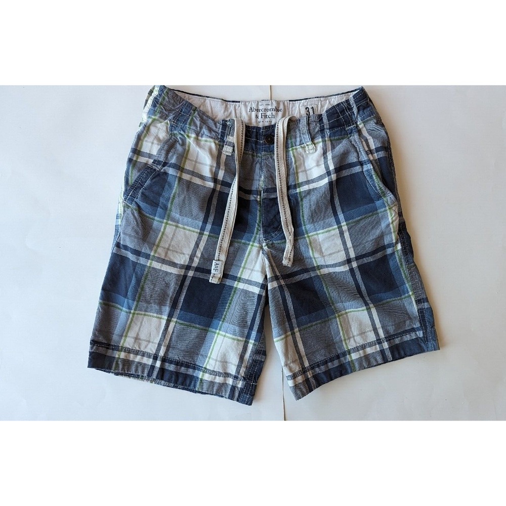 Abercrombie Fitch Shorts Mens 31 Blue White  Plaid Flat Front Drawstring Pockets